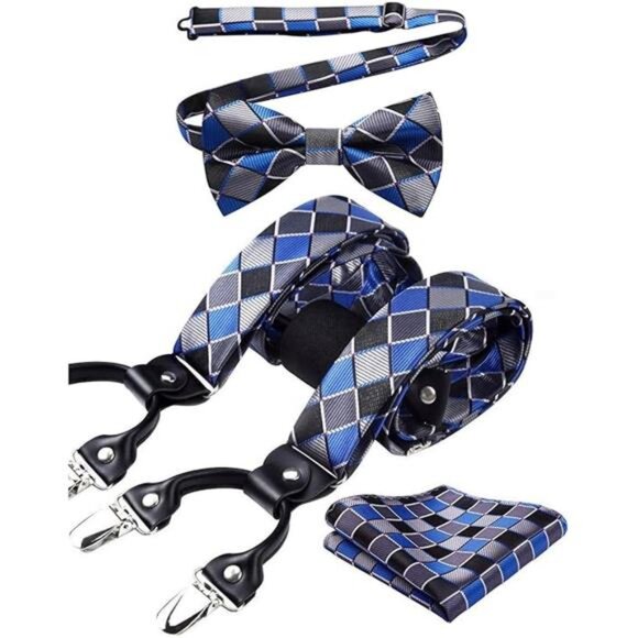 HISDERN Bow Tie and Suspenders for Men Suspender and Bowtie Handkerchief Set - Picture 14 of 14
